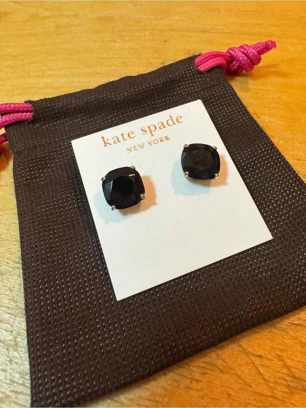 NWT Kate Spade Jet Black Small Square Stud Earrings & Gift Pouch